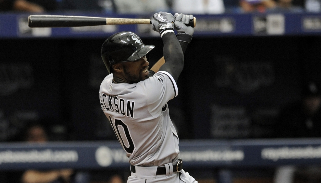 Chicago White Sox's Austin Jackson hits an RBI-single off Tampa Bay Rays starter Matt Moore during the third inning of a baseball game Sunday, April 17, 2016, in St. Petersburg, Fla. (AP Photo/Steve Nesius)